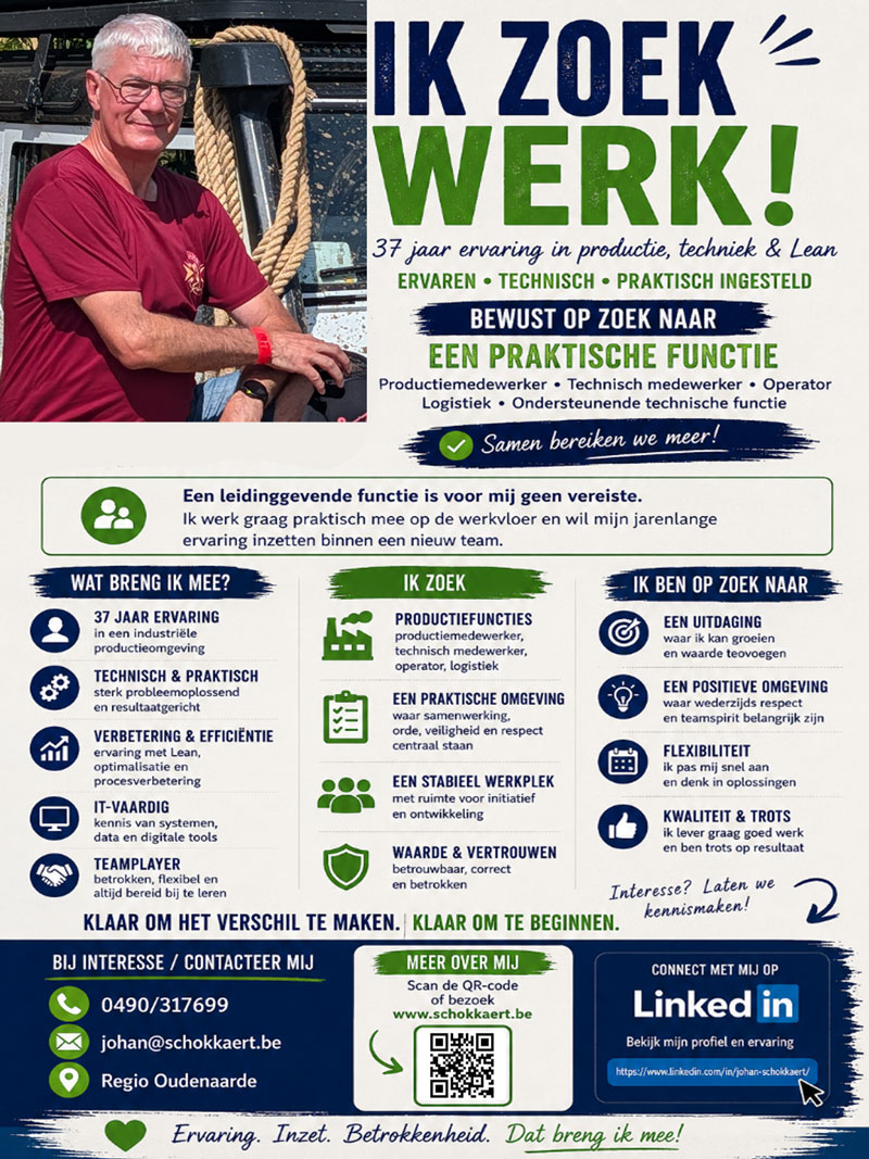 Flyer Ik zoek werk van Johan Schokkaert